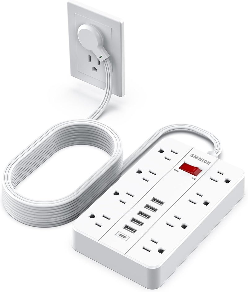 SMNICE سلك تمديد مسطح 15 قدم، شريط طاقة مع واقي من زيادة التيار و8 مآخذ متباعدة و6 منافذ USB (1 USB C)، محطة شحن طويلة مثبتة على الحائط للسكن، المنزل، ملحقات المكتب، أبيض - Image 1